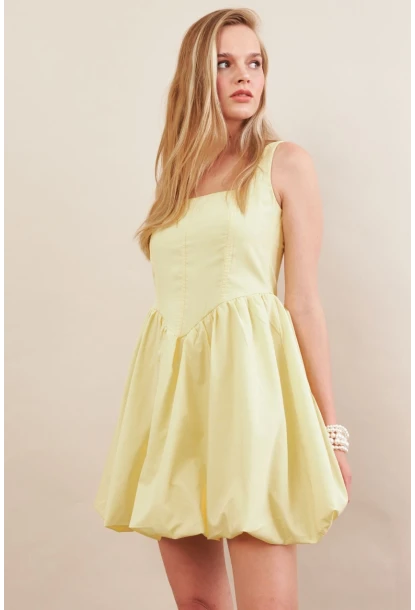 Kadın Sarı Askılı Mini Balon Elbise ERL105