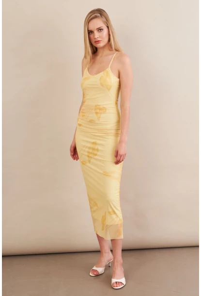 Kadın Sarı Astarlı Midi Tül Elbise MRS130
