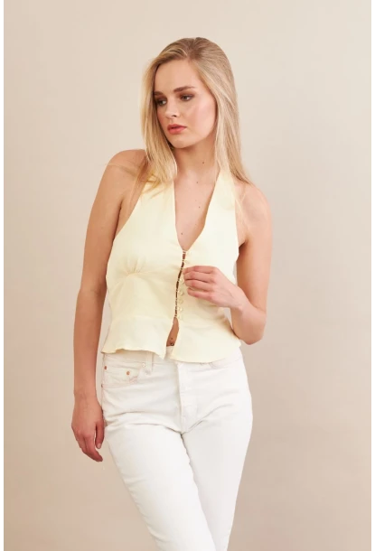 Kadın Sarı Boyun Bağlamalı Keten Yelek FS129