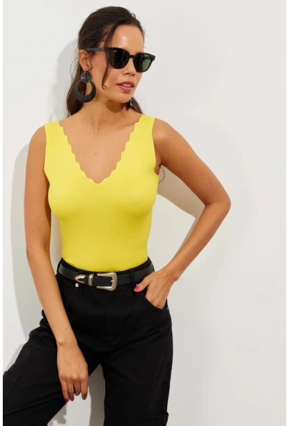 Kadın Sarı Merdiven Yaka Triko Bluz YV83