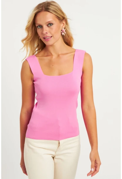 Kadın Şeker Pembe Kare Yaka Triko Bluz YV80