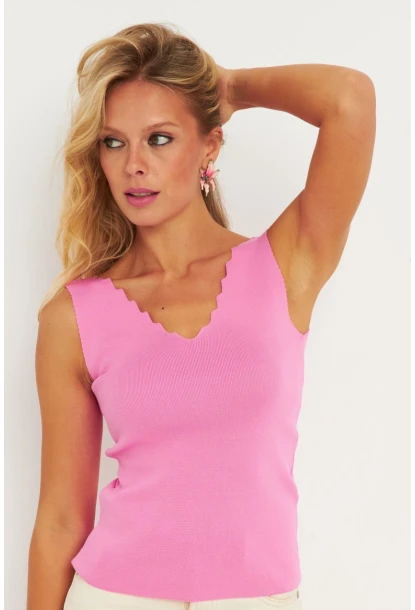 Kadın Şeker Pembe Merdiven Yaka Triko Bluz YV83