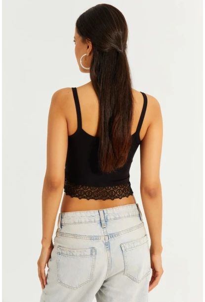 Kadın Siyah Agraflı Dantel Detaylı Crop Bluz RSS20