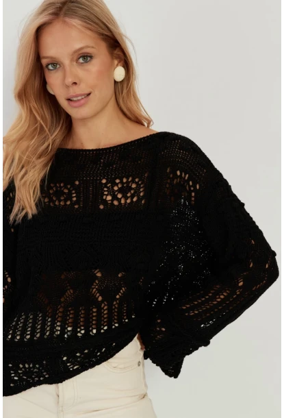 Kadın Siyah Ajurlu Triko Bluz YZ620