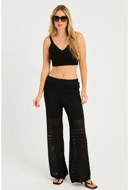 Kadın Siyah Ajurlu Triko Pantolon YZ3062