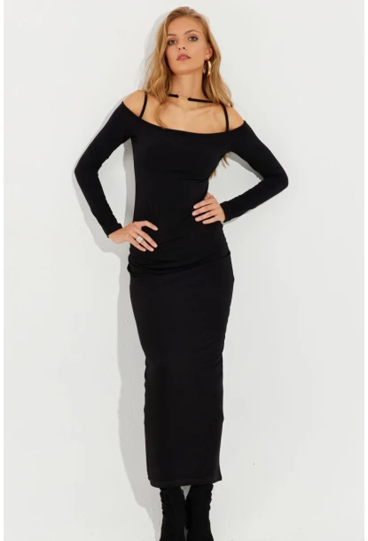 Kadın Siyah Aksesuar Detaylı Midi Elbise MEN2016