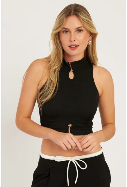 Kadın Siyah Aksesuarlı Crop Bluz CG340