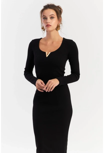 Kadın Siyah Aksesuarlı Kaşkorse Midi Elbise RLO75