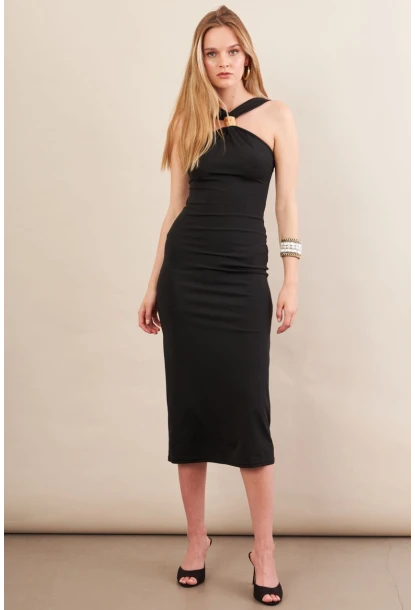 Kadın Siyah Aksesuarlı Midi Elbise İRE101