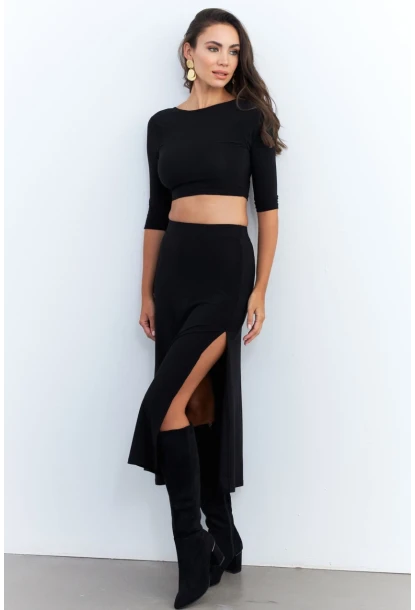 Kadın Siyah Alt Üst Crop Etek Takım ELT3844