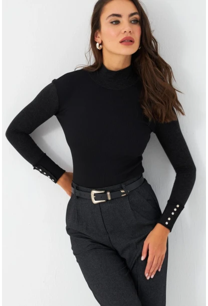 Kadın Siyah-Antrasit Kol Aksesuarlı Kaşkorse Bluz TF44