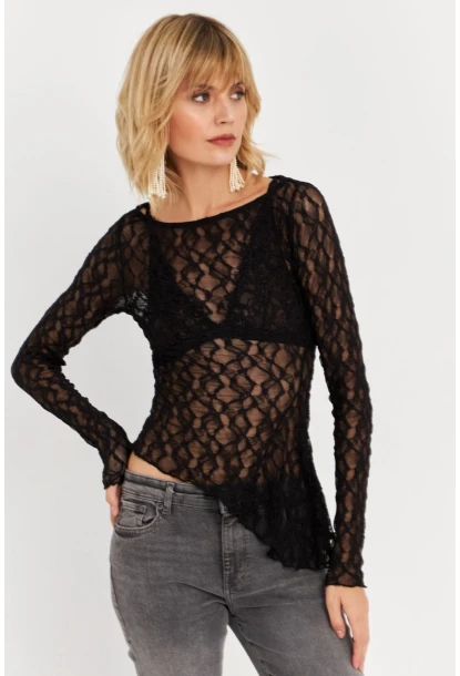 Kadın Siyah Asimetrik Dantel Bluz FS9830
