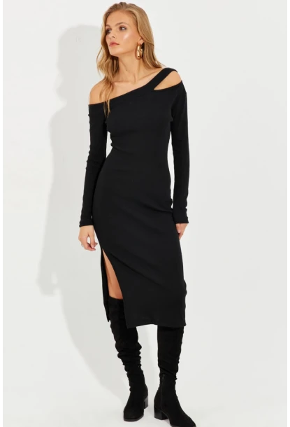 Kadın Siyah Asimetrik Yaka Pencereli Yırtmaçlı Midi Elbise EY2576