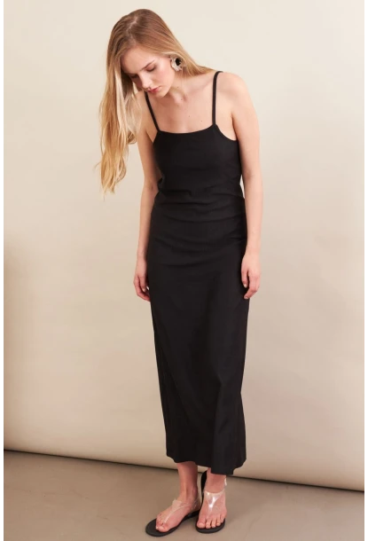 Kadın Siyah Askılı Midi Elbise FLU7314