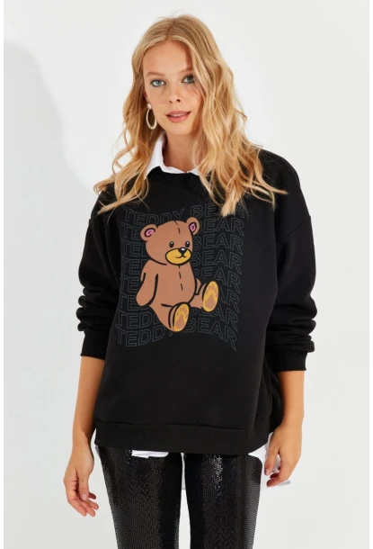 Kadın Siyah Ayıcık Baskılı Sweatshirt ZM288