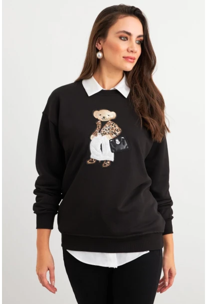 Kadın Siyah Ayıcık Nakışlı Sweatshirt PKA1590