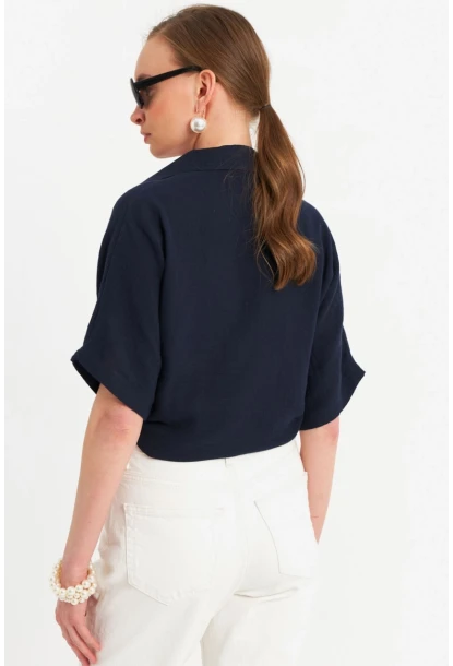 Kadın Siyah Bağlamalı Keten Bluz BTH16