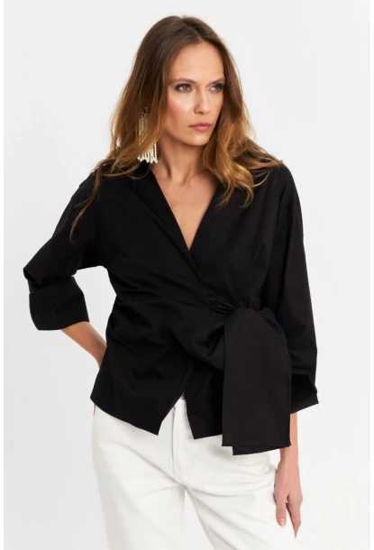 Kadın Siyah Bağlamalı Kruvaze Gömlek MFS9792