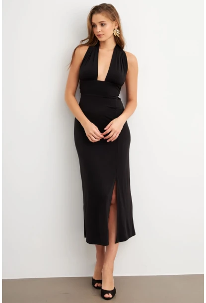 Kadın Siyah Bağlamalı Sırt Dekolteli Maxi Elbise UG2003