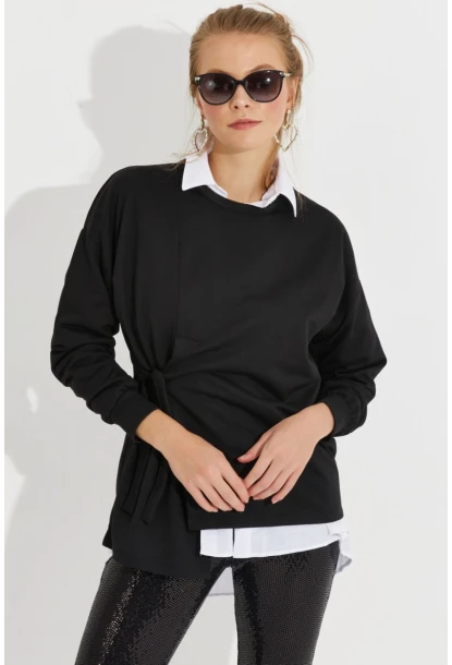 Kadın Siyah Bağlamalı Sweatshirt Yİ2493