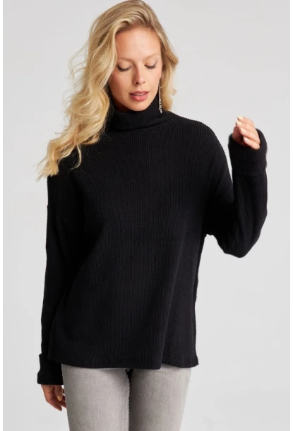 Kadın Siyah Balıkçı Fitilli Triko Kazak AYD257