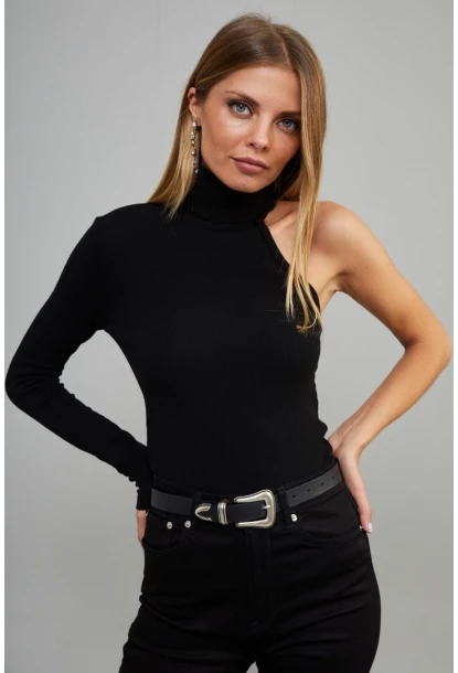 Kadın Siyah Balıkçı Yaka Tek Kol Kaşkorse Bluz EY1118
