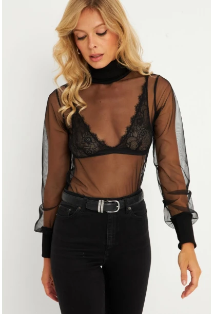 Kadın Siyah Balıkçı Yaka Tül Yılbaşı Bluz EY2901