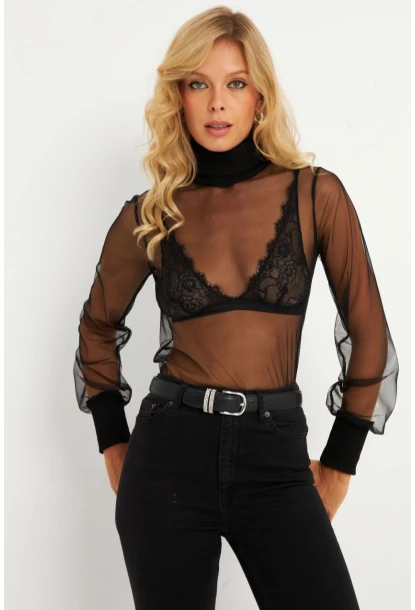 Kadın Siyah Balıkçı Yaka Tül Yılbaşı Bluz EY2901