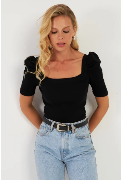 Kadın Siyah Balon Kol Kaşkorse Bluz XL2019