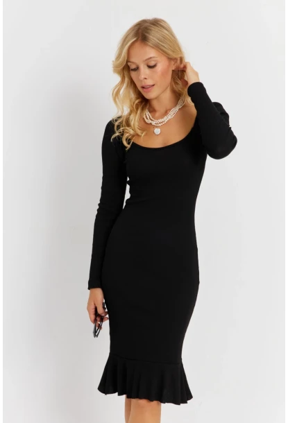 Kadın Siyah Balon Kol Kaşkorse Midi Elbise EY2855