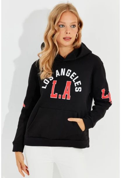 Kadın Siyah Baskılı Kapüşonlu Sweatshirt DA146