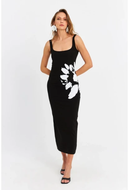 Kadın Siyah Baskılı Midi Elbise B5005-5