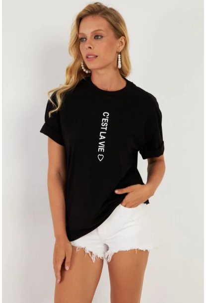 Kadın Siyah Baskılı T-Shirt AYD356