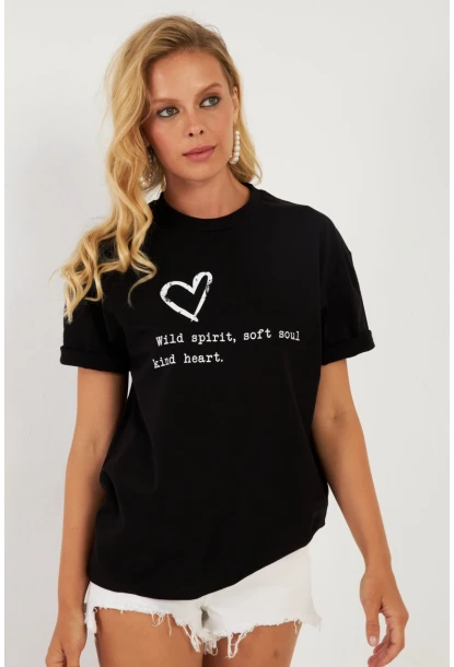 Kadın Siyah Baskılı T-Shirt AYD360