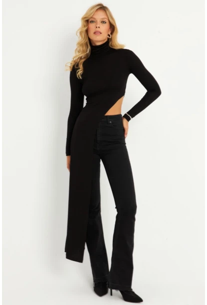 Kadın Siyah Beli Açık Asimetrik Balıkçı Uzun Bluz EY2902