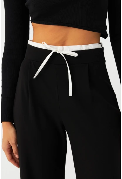 Kadın Siyah Beli Bağlamalı Palazzo Pantolon ELA3972