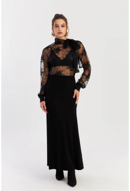 Kadın Siyah Beli Lastikli Evoze Maxi Etek EY2923