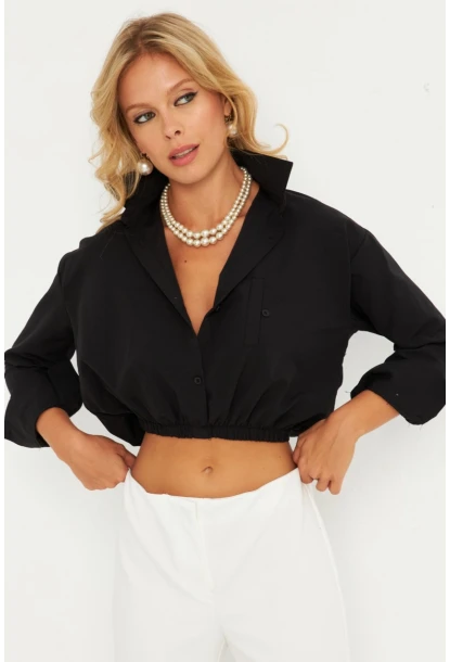 Kadın Siyah Beli Lastikli Gömlek ELT3835
