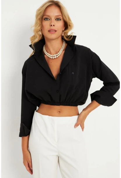 Kadın Siyah Beli Lastikli Gömlek ELT3835