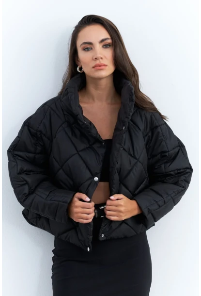 Kadın Siyah Beli Lastikli Yarasa Kol Şişme Mont MX11