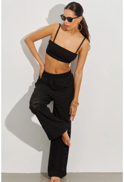 Kadın Siyah Beli Lastikli Yarım Astarlı Brode Pantolon TW80018
