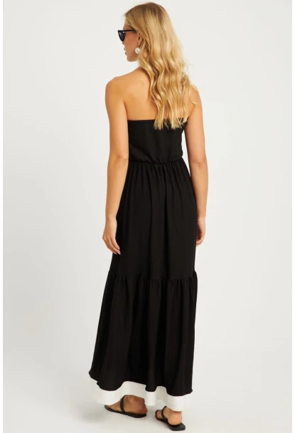 Kadın Siyah-Beyaz Bürümcük Volanlı Midi Elbise EY2836