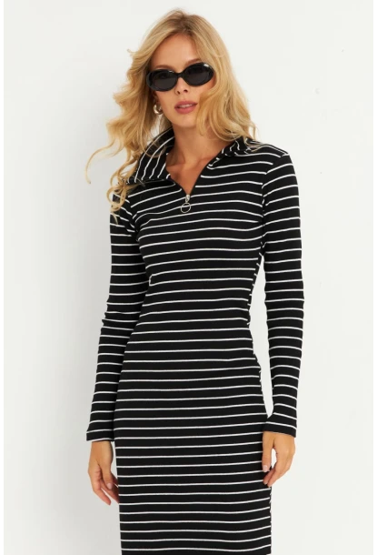 Kadın Siyah-Beyaz Çizgili Kaşkorse Midi Elbise YLE43