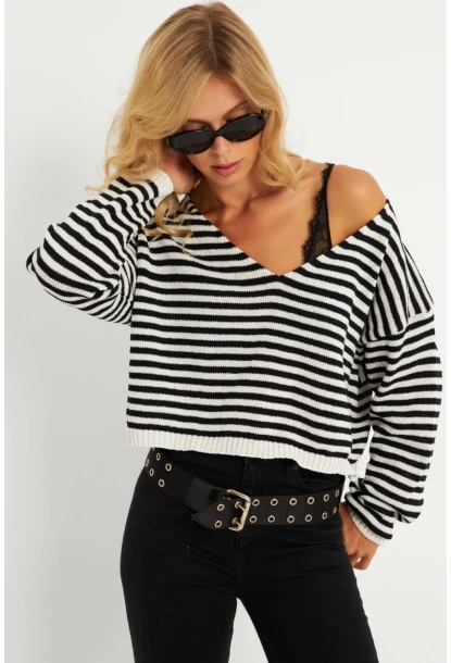 Kadın Siyah-Beyaz Çizgili Triko Bluz YV278