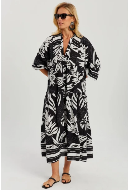 Kadın Siyah-Beyaz Desenli Salaş Maxi Elbise GÇ166