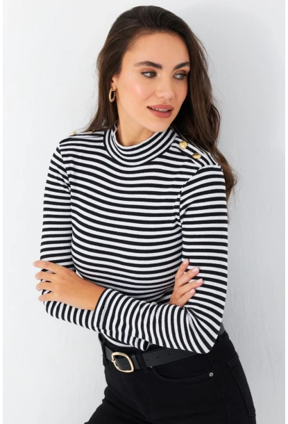 Kadın Siyah-Beyaz Düğme Detaylı Çizgili Bluz MAYD14