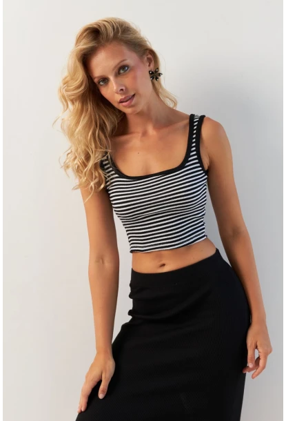 Kadın Siyah-Beyaz Kare Yaka Çizgili Bluz XL2036