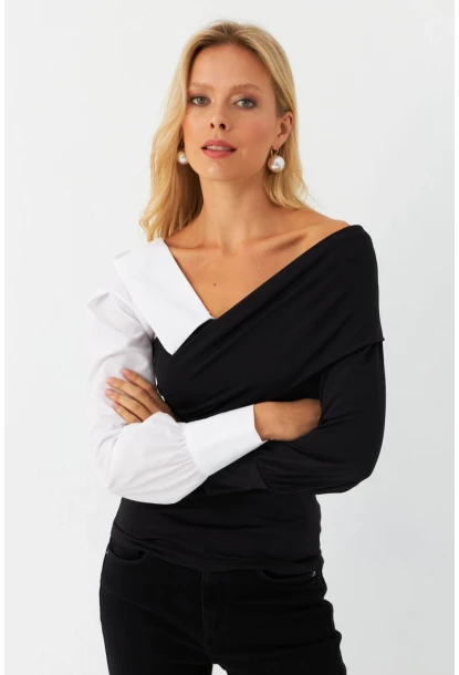 Kadın Siyah-Beyaz Kruvaze Bluz LİK8