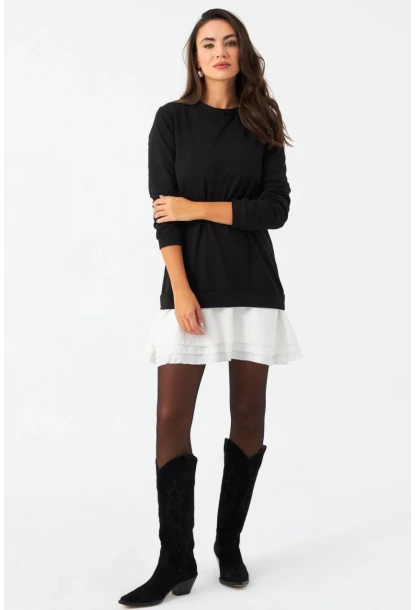 Kadın Siyah-Beyaz Leopar  Desenli Sweat Elbise B16