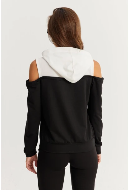 Kadın Siyah-Beyaz Omuzları Açık Sweatshirt TF15